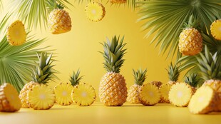 黄色背景下的新鲜菠萝组合