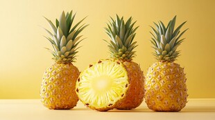 三个整菠萝与切开的菠萝