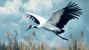 丹顶鹤展翅翱翔于天际