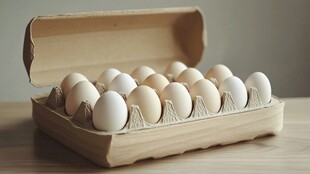 一盒新鲜鸡蛋置于木桌
