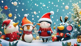 圣诞萌趣动物欢聚雪景中