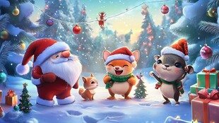 圣诞森林里的欢乐动物聚会