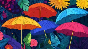 多彩雨伞绽放于繁茂花丛