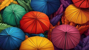 多彩雨伞与叶片梦幻组合