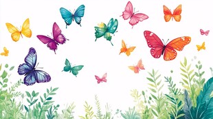 缤纷蝴蝶与绿植的梦幻图景