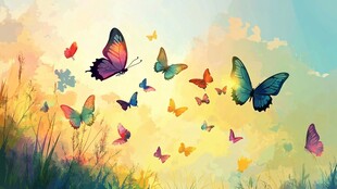 梦幻彩蝶飞舞于草地天空