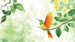 彩羽蜂鸟栖于繁花绿叶间