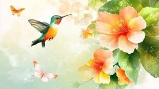 蜂鸟戏花间 蝴蝶翩翩飞
