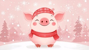 冬日戴帽围巾的可爱小猪