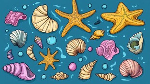缤纷海洋贝壳与海星插画