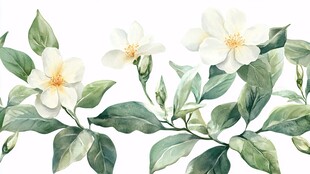 手绘清新茉莉花枝叶图