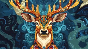 神秘花纹装饰的奇幻鹿头