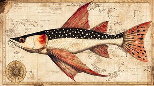 复古风地图上的奇幻斑点鱼