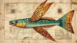 奇幻飞鱼插画 复古地图背景