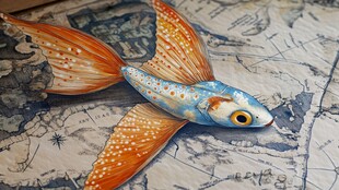 彩绘飞鱼置于复古地图上