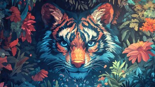 斑斓虎影 繁花相伴