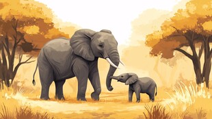 大象母子漫步非洲草原