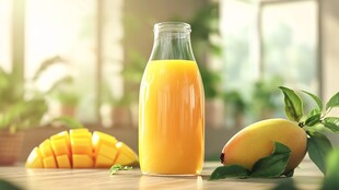 玻璃瓶中的鲜芒果汁与芒果