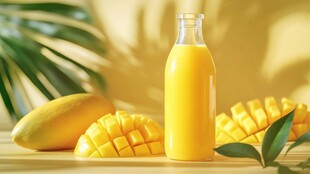 瓶装芒果汁与新鲜芒果