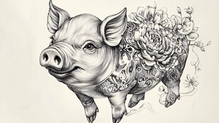 花饰小猪黑白艺术插画