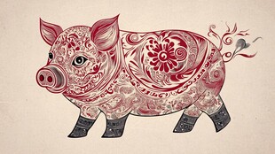 中式花纹装饰的可爱小猪