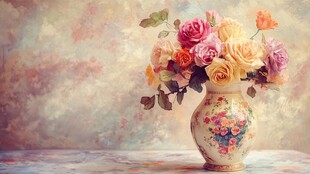 花瓶中的多彩花卉静物画