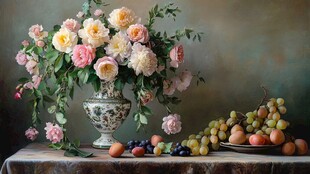 花瓶中的花卉与水果静物