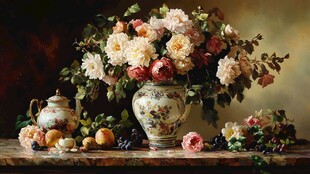 古典花瓶中的缤纷花卉