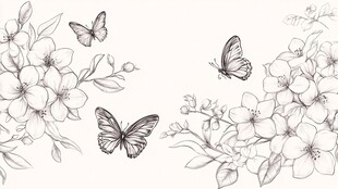 花卉蝴蝶黑白手绘插画