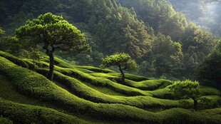 翠绿茶园中的秀丽孤松