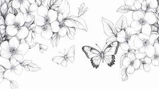 黑白花卉与蝴蝶插画