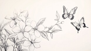 花卉与蝴蝶黑白线稿图