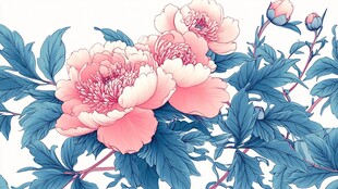 盛开的粉色牡丹与绿叶