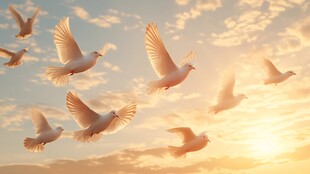 夕阳下白鸽翱翔天际