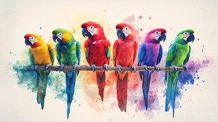 多彩鹦鹉栖于枝头水彩画