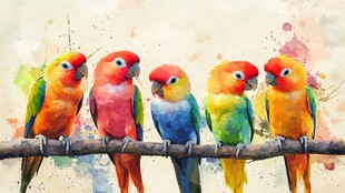 五只多彩鹦鹉栖于枝头