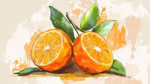 水彩画中的鲜橙与绿叶