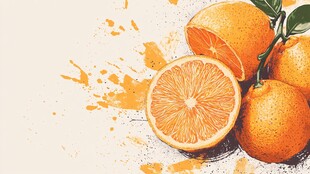 手绘多汁橙子及果汁飞溅