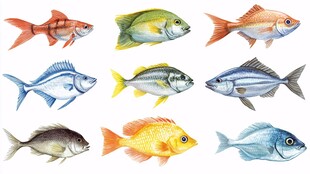 水彩绘多彩鱼类集合