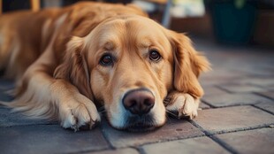 趴在地上的忧郁金毛犬