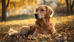 秋日金毛静卧落叶间