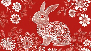 红色花卉间的精致花纹兔子