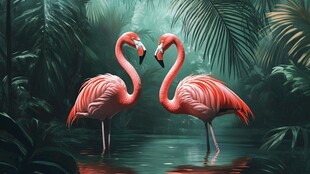 双火烈鸟栖于热带丛林水域