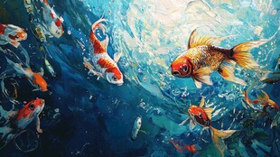 灵动锦鲤畅游蓝色水域