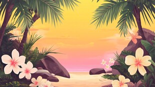 热带海滩黄昏花卉美景