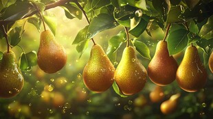 枝头金梨 露珠闪烁