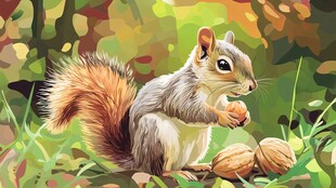 森林中松鼠专注吃坚果