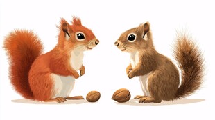 两只松鼠与坚果的温馨画面