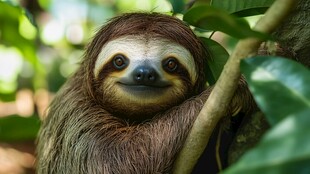 微笑树懒抱树干享惬意