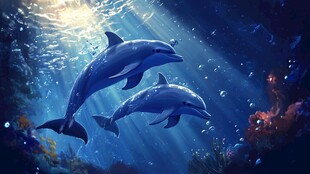 梦幻海底的双海豚共游